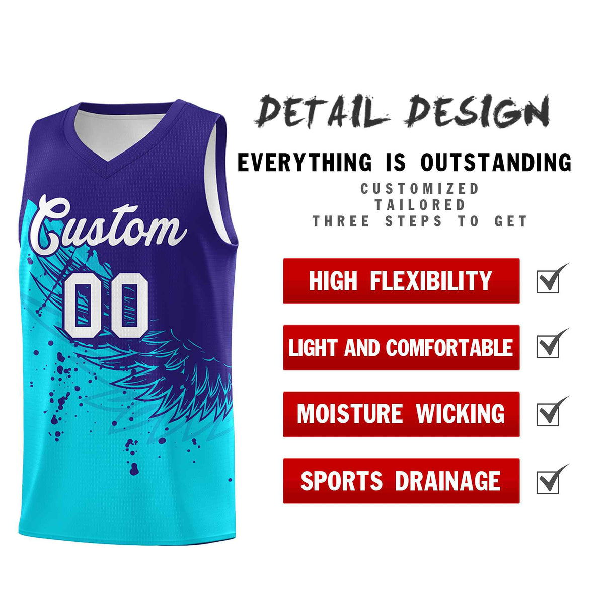 Custom Sky Blue Royal Wing Pattern Sports Uniform Basketball Jersey