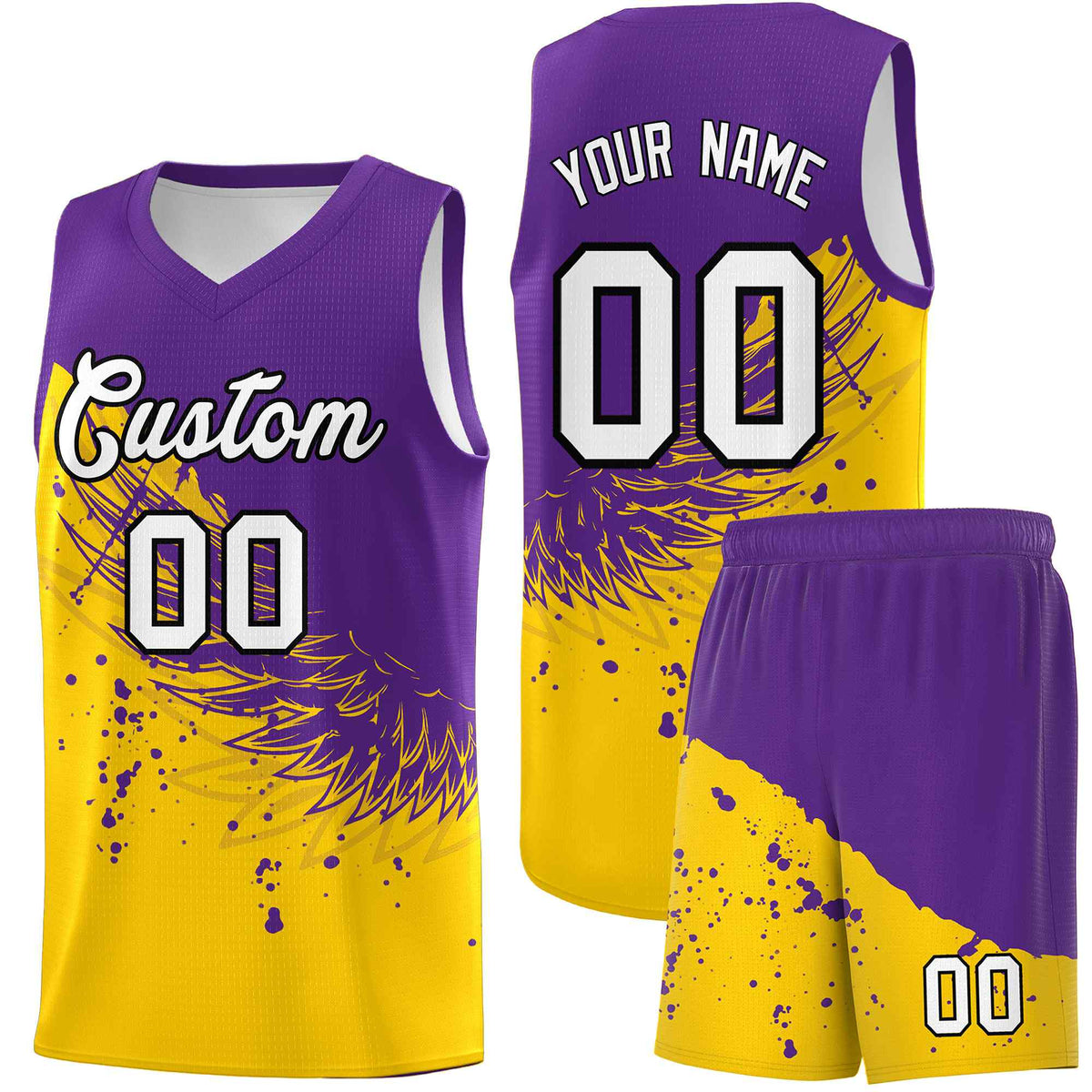 Custom Gold Purple Wing Pattern Sports Uniform Basketball Jersey