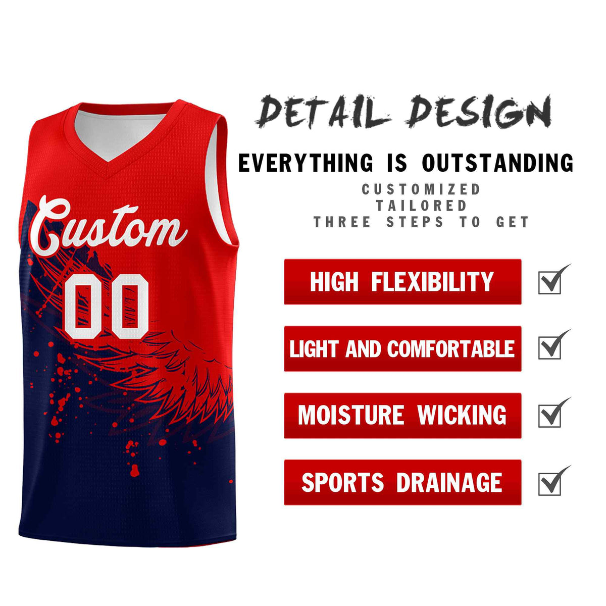 Custom Navy Red Wing Pattern Sports Uniform Basketball Jersey