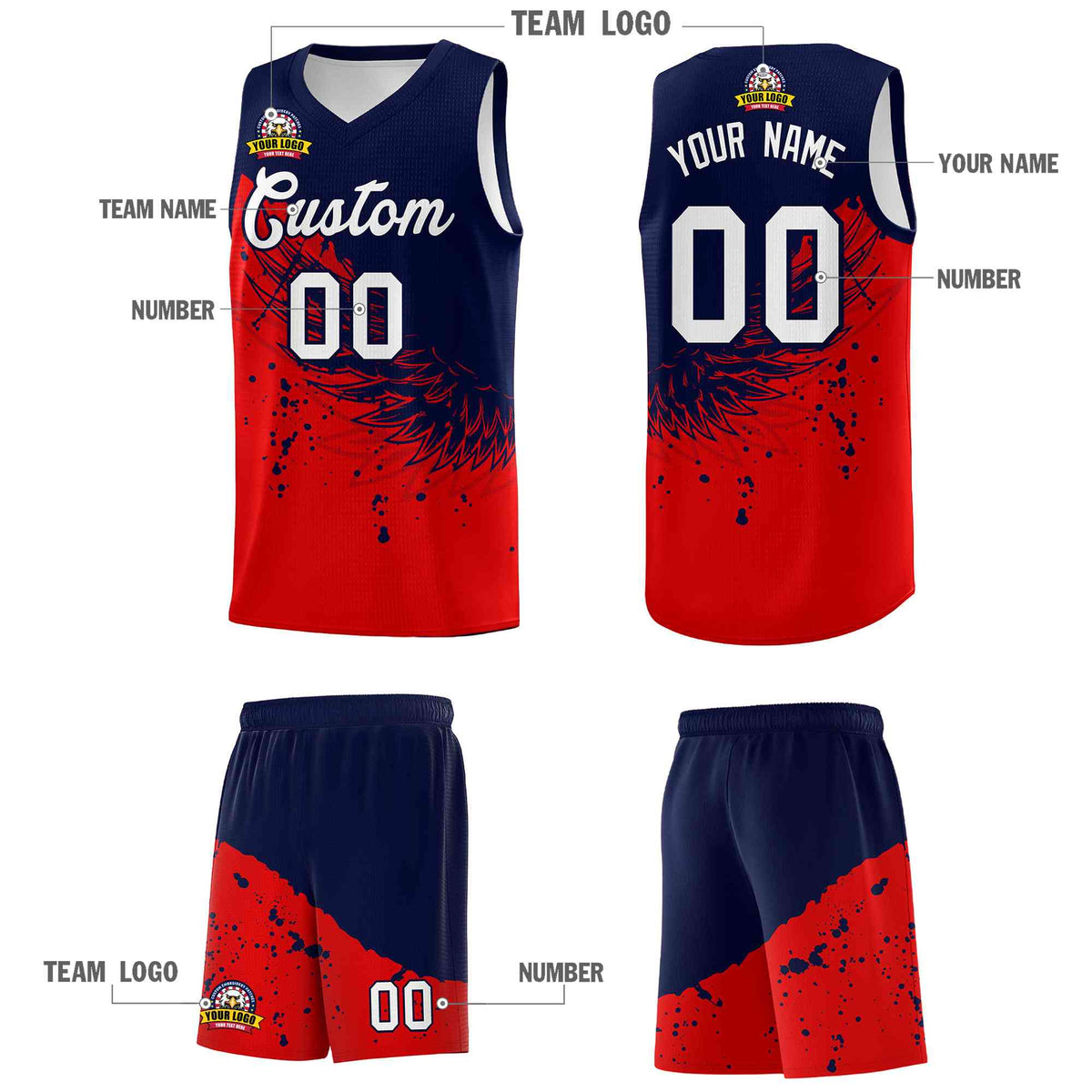 Custom Red Navy Wing Pattern Sports Uniform Basketball Jersey