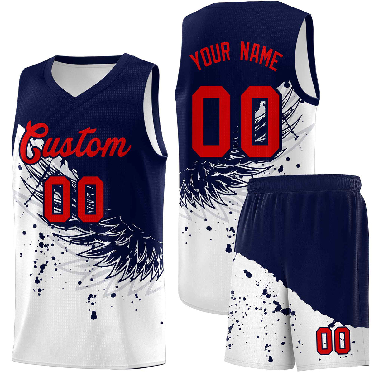 Custom White Navy Wing Pattern Sports Uniform Basketball Jersey