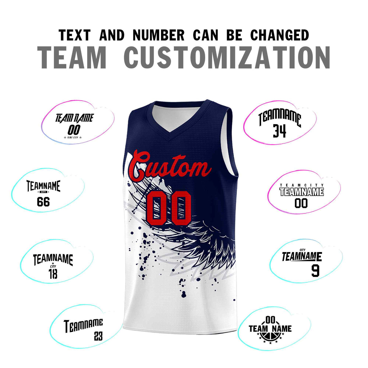 Custom White Navy Wing Pattern Sports Uniform Basketball Jersey