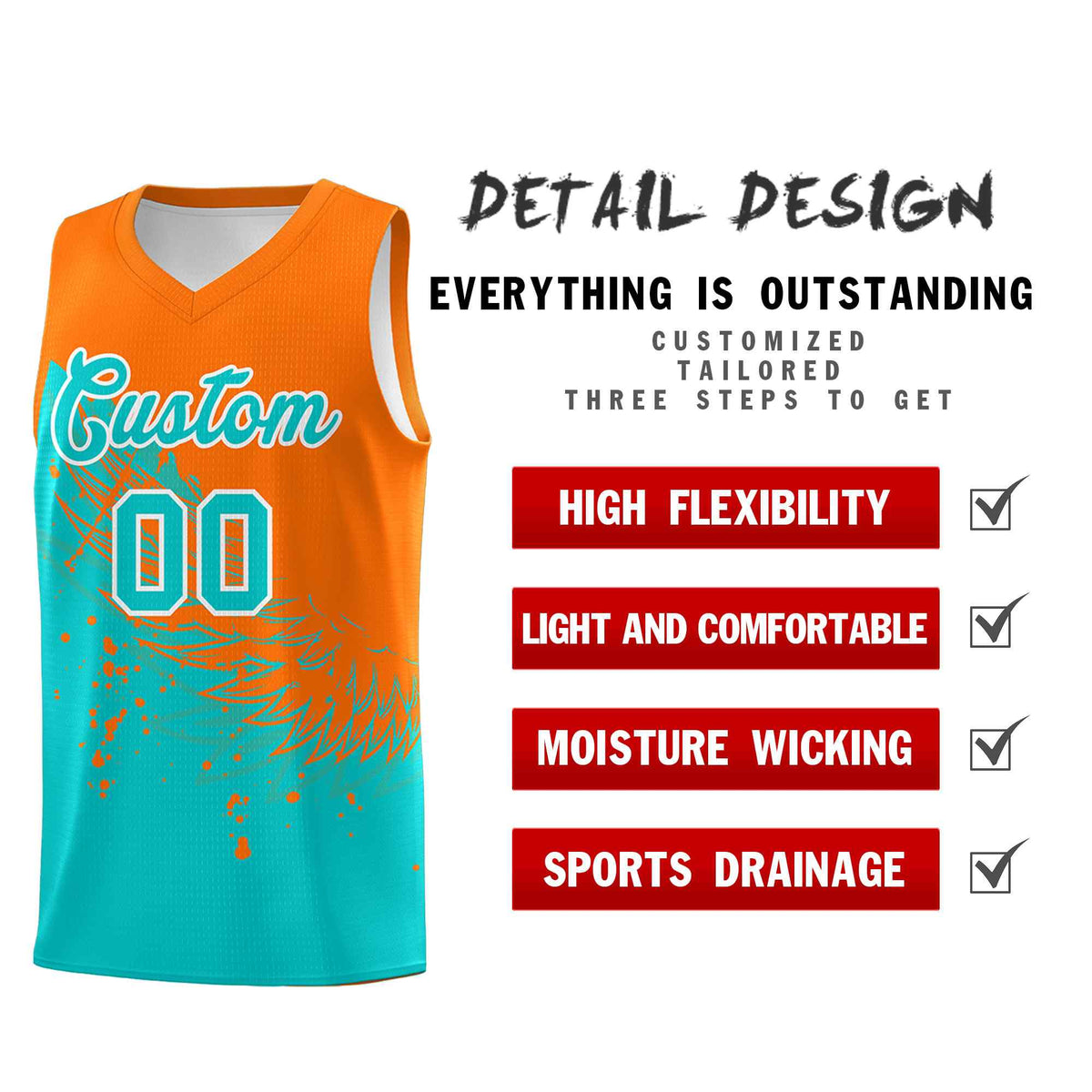 Custom Aqua Orange Wing Pattern Sports Uniform Basketball Jersey