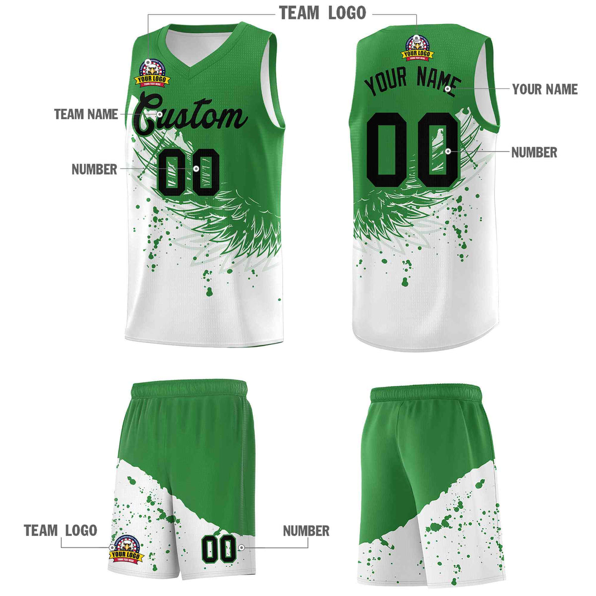 Custom White Kelly Green Wing Pattern Sports Uniform Basketball Jersey