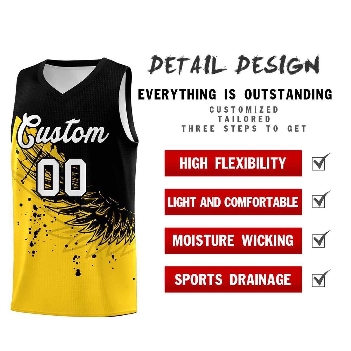 Custom Gold Black Wing Pattern Sports Uniform Basketball Jersey