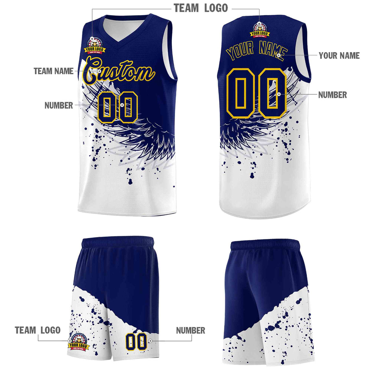 Custom White Navy Wing Pattern Sports Uniform Basketball Jersey