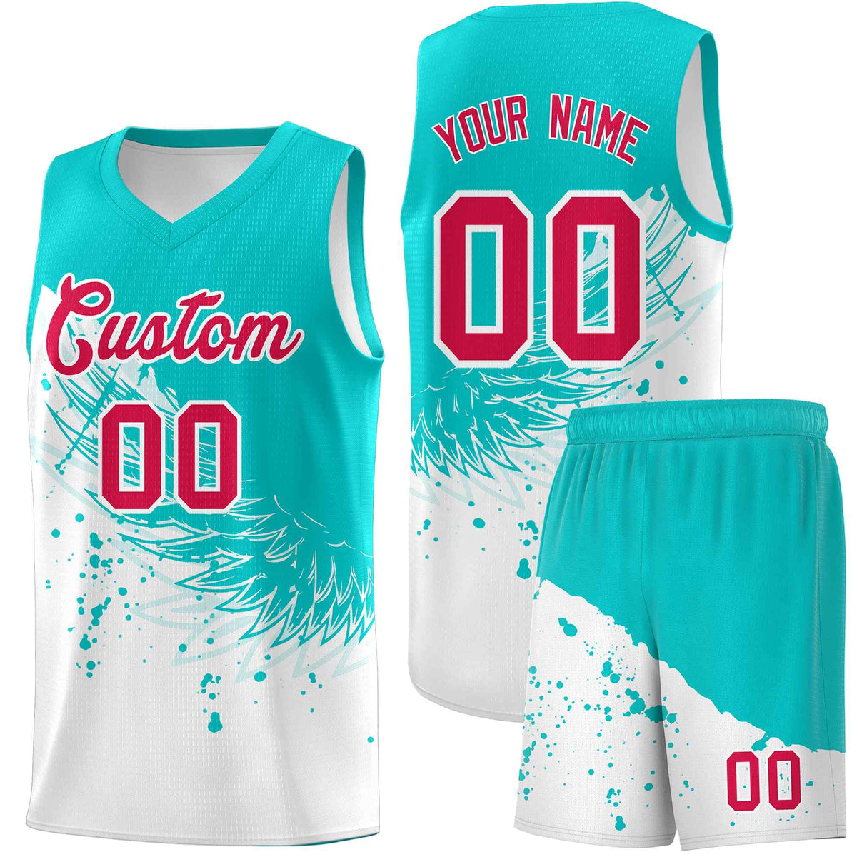 Custom White Aqua Wing Pattern Sports Uniform Basketball Jersey
