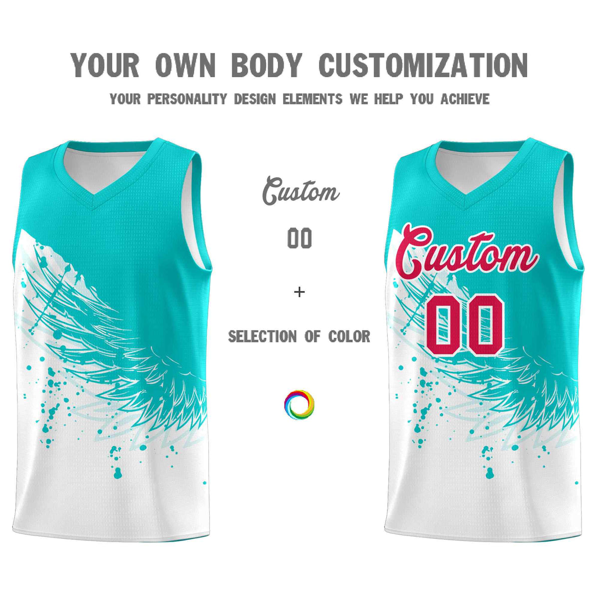 Custom White Aqua Wing Pattern Sports Uniform Basketball Jersey
