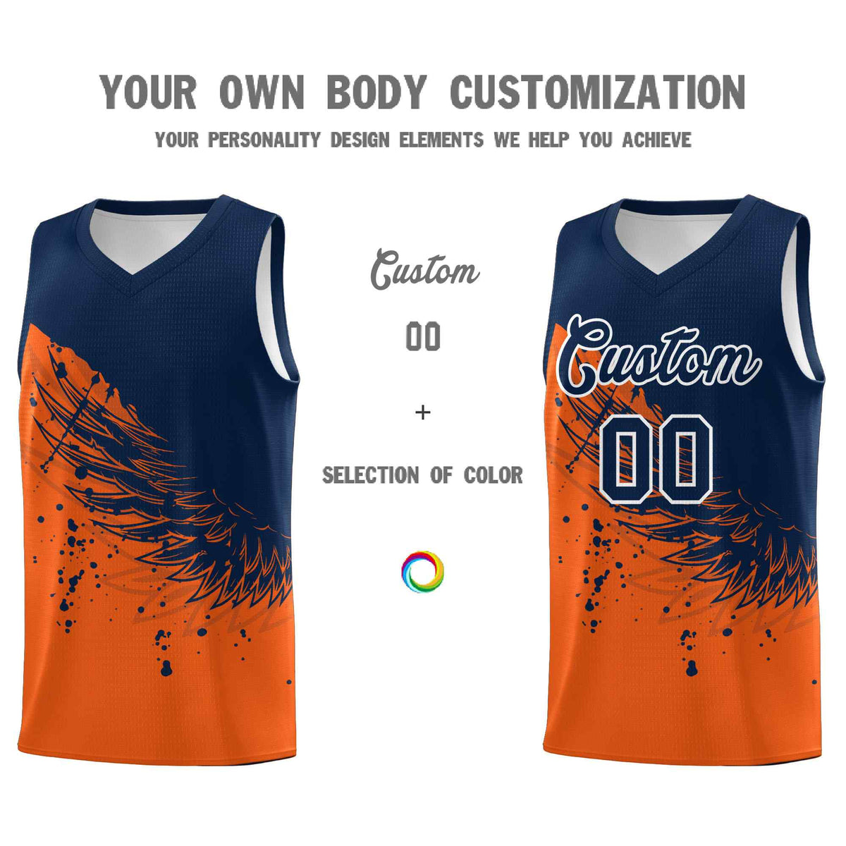 Custom Orange Navy Wing Pattern Sports Uniform Basketball Jersey