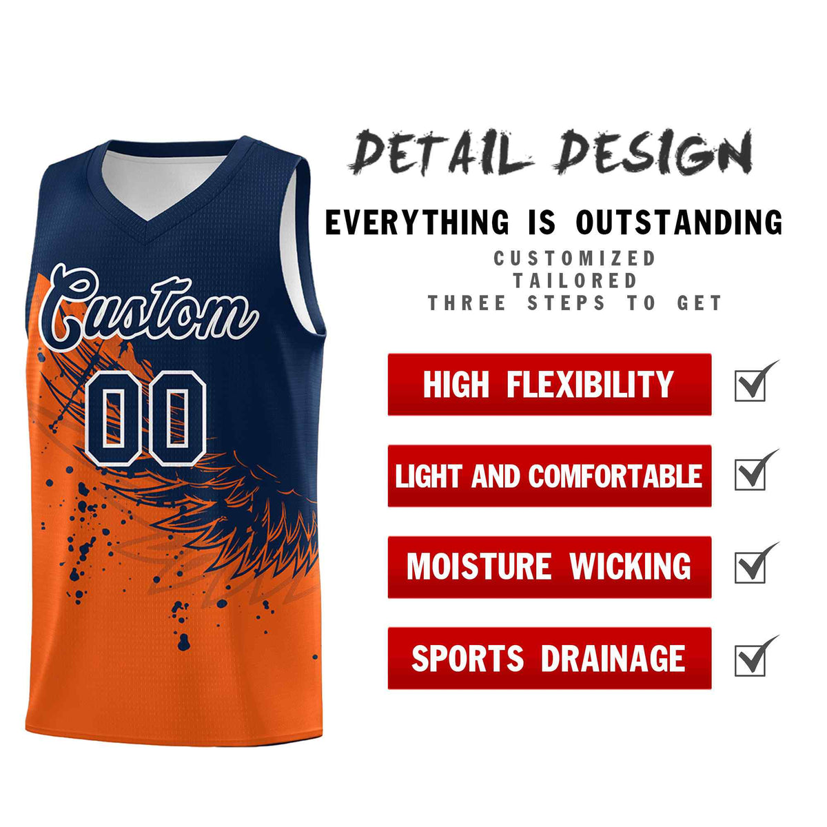 Custom Orange Navy Wing Pattern Sports Uniform Basketball Jersey