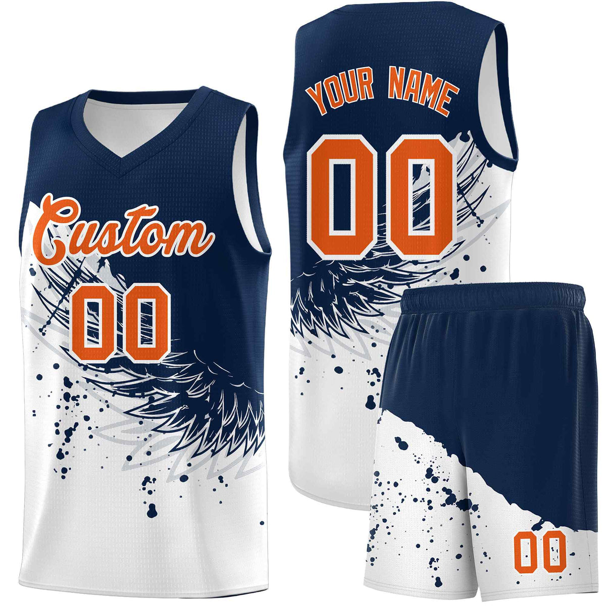 Custom White Navy Wing Pattern Sports Uniform Basketball Jersey