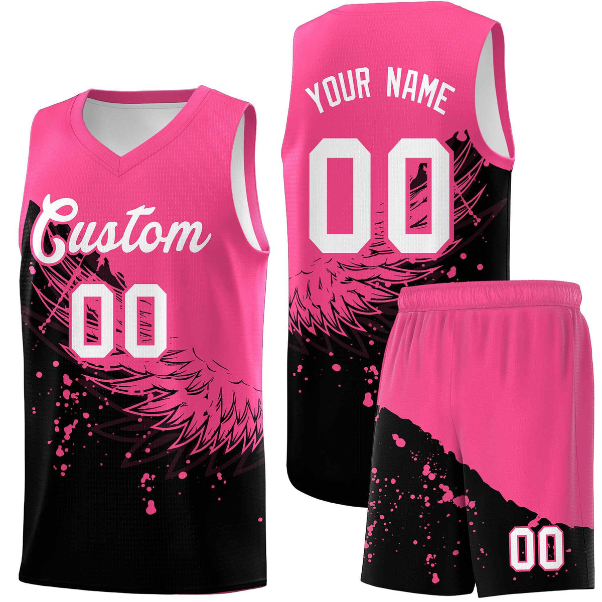 Custom Black Pink Wing Pattern Sports Uniform Basketball Jersey