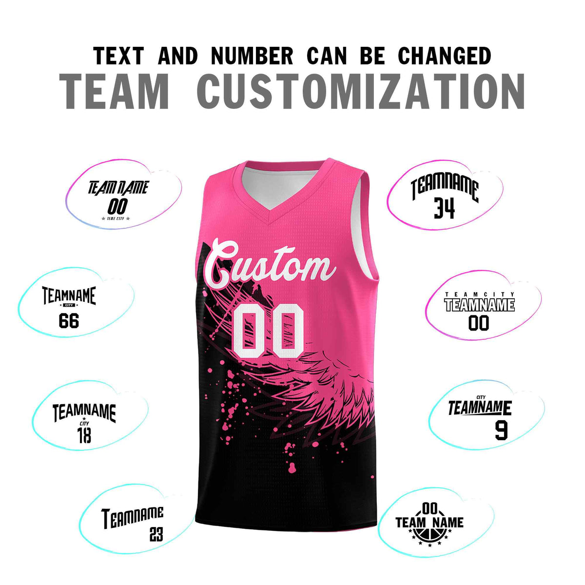 Custom Black Pink Wing Pattern Sports Uniform Basketball Jersey