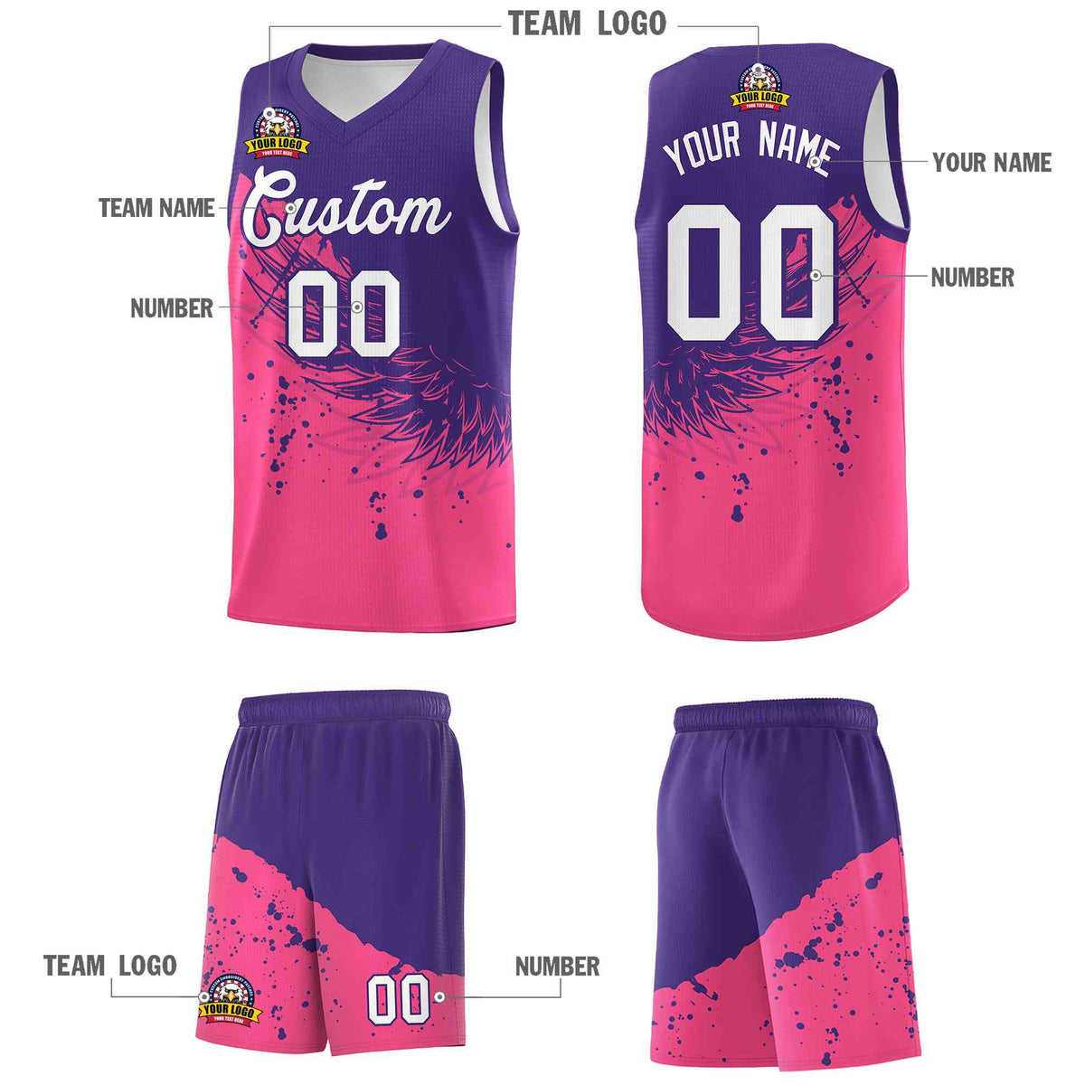 Custom Pink Purple Wing Pattern Sports Uniform Basketball Jersey