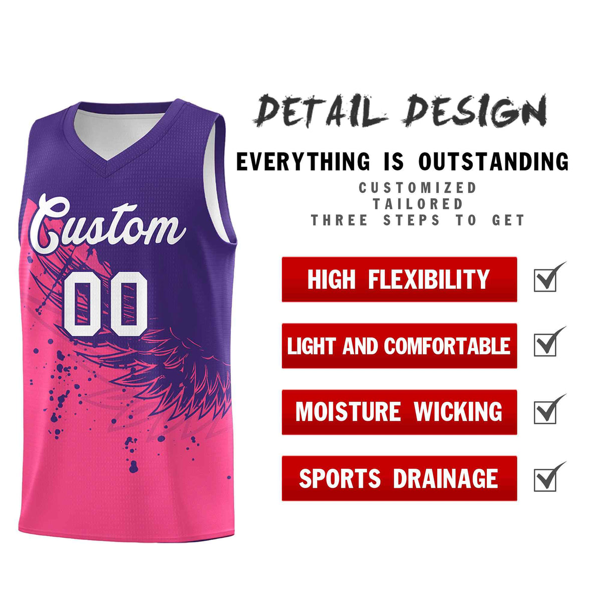Custom Pink Purple Wing Pattern Sports Uniform Basketball Jersey