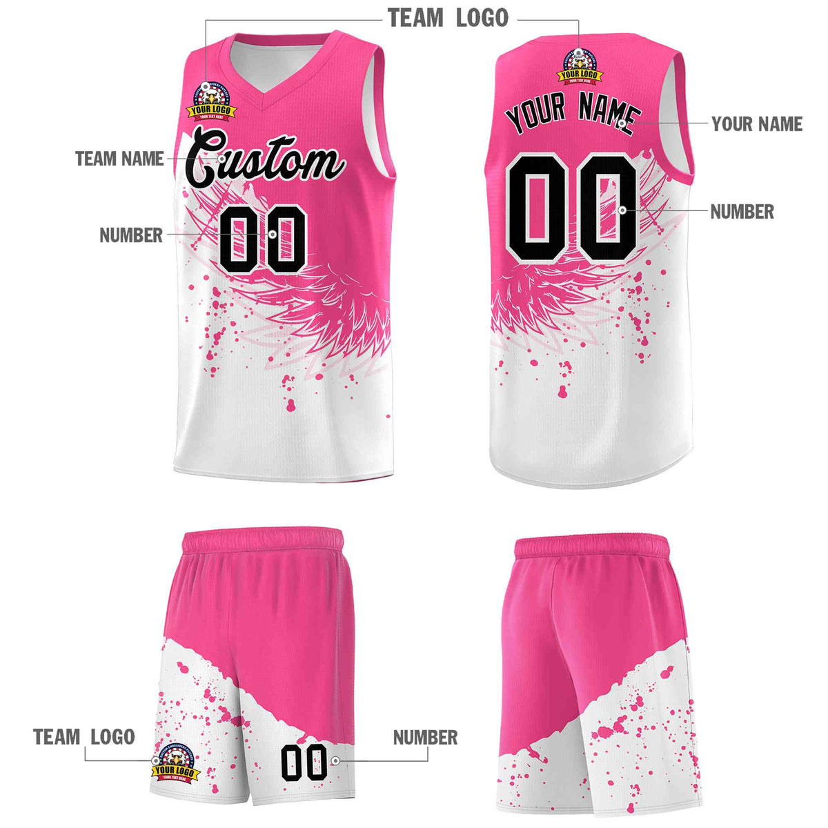 Custom White Pink Wing Pattern Sports Uniform Basketball Jersey