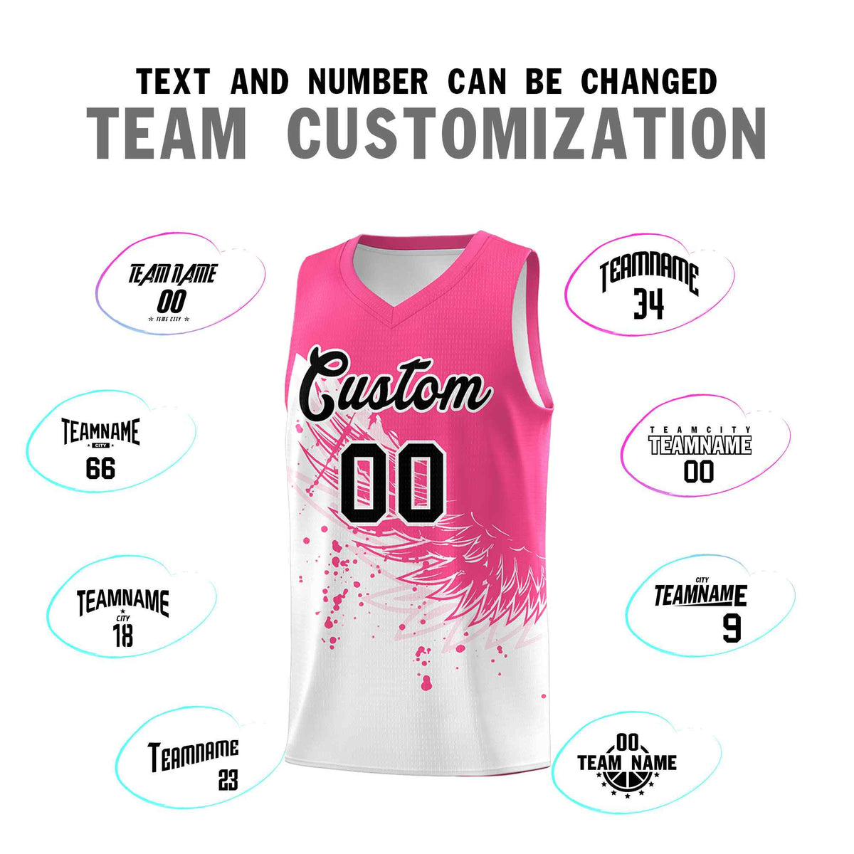 Custom White Pink Wing Pattern Sports Uniform Basketball Jersey