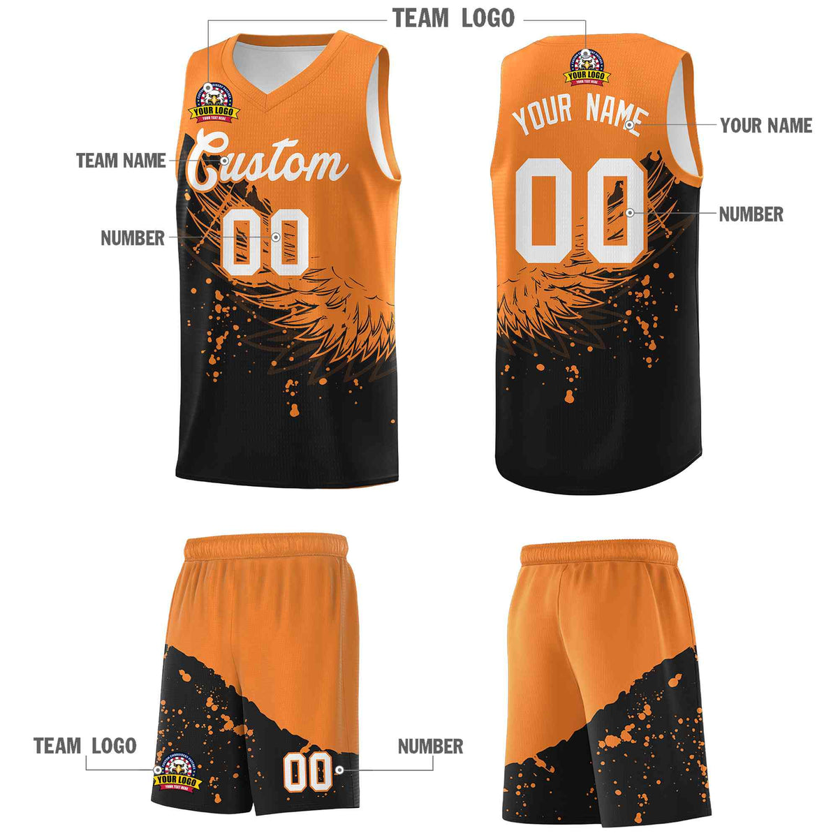 Custom Black Gold Orange Wing Pattern Sports Uniform Basketball Jersey