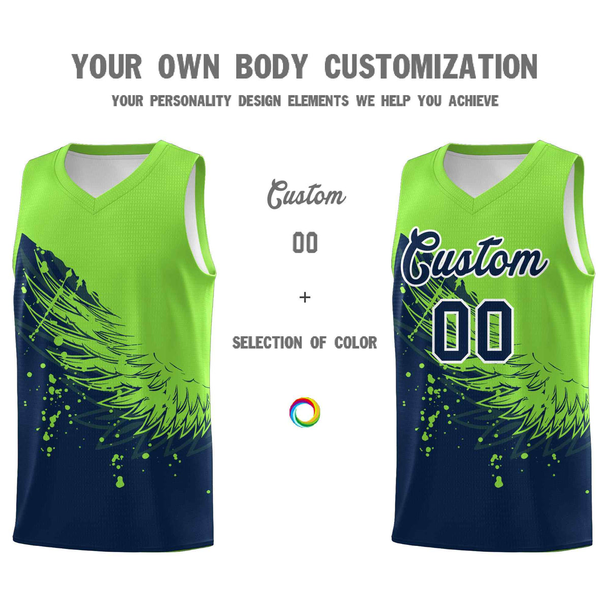Custom Navy Fluorescent Green Wing Pattern Sports Uniform Basketball Jersey