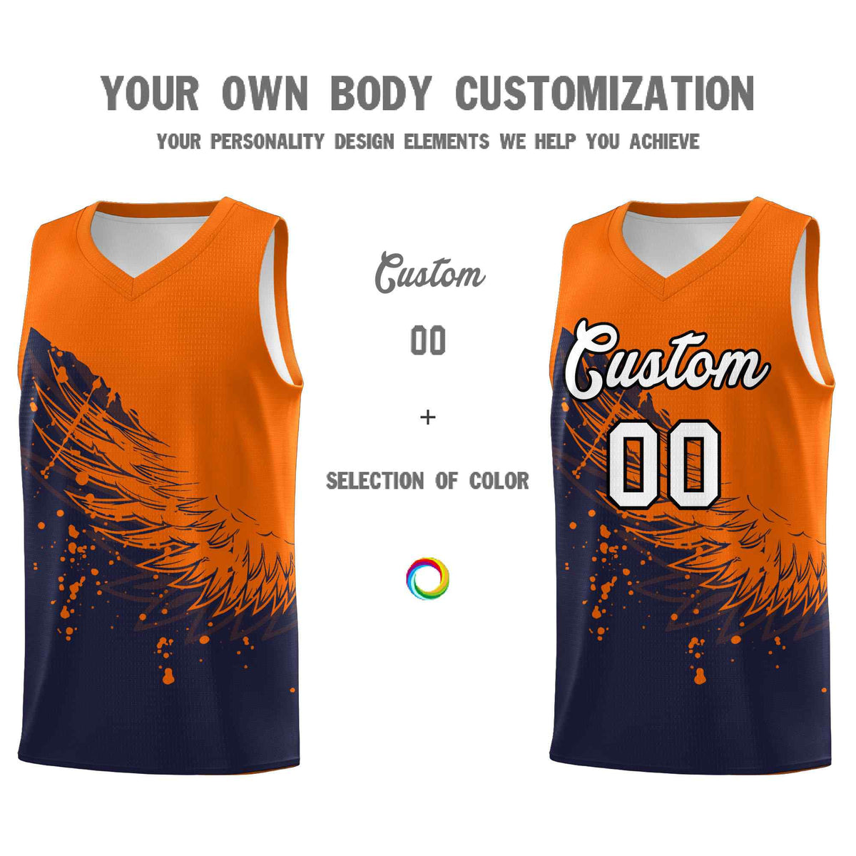 Custom Navy Orange Wing Pattern Sports Uniform Basketball Jersey