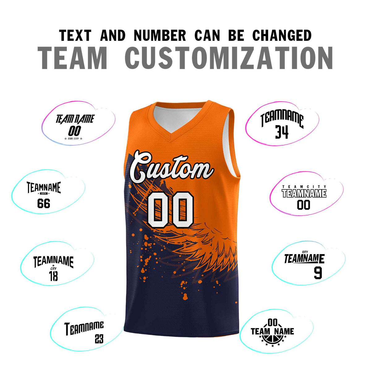 Custom Navy Orange Wing Pattern Sports Uniform Basketball Jersey