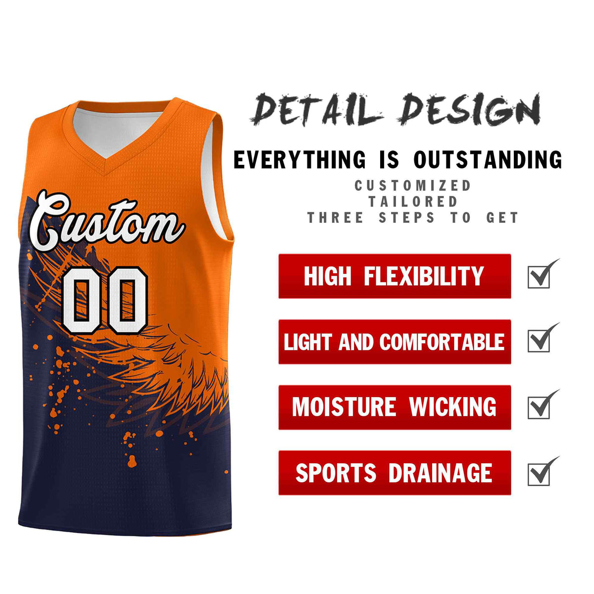 Custom Navy Orange Wing Pattern Sports Uniform Basketball Jersey