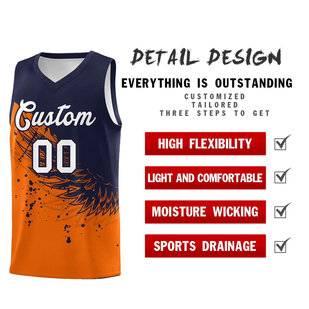 Custom Orange Navy Wing Pattern Sports Uniform Basketball Jersey