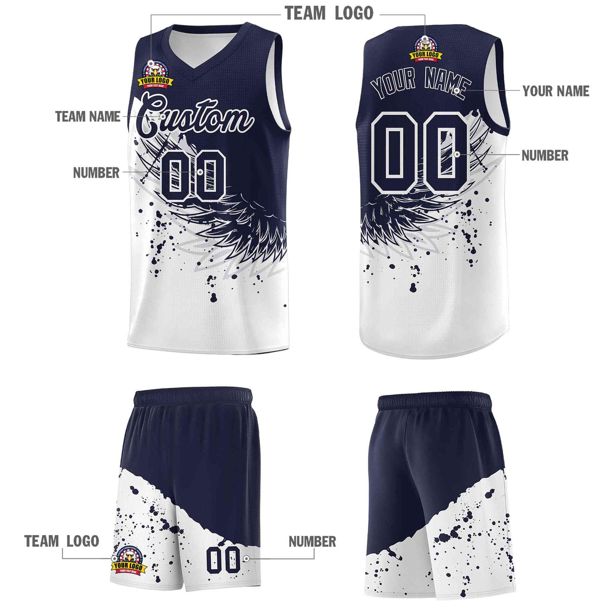 Custom White Navy Wing Pattern Sports Uniform Basketball Jersey