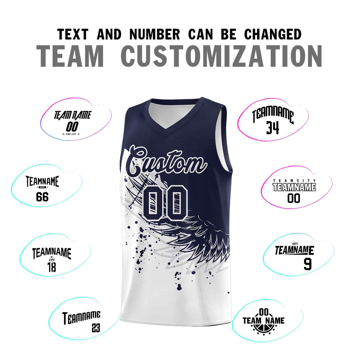 Custom White Navy Wing Pattern Sports Uniform Basketball Jersey