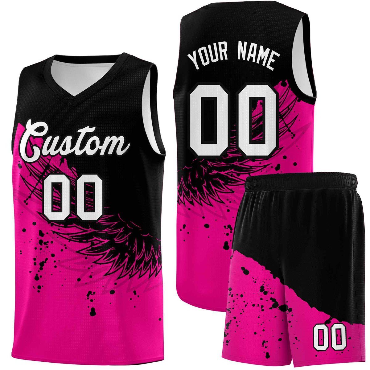 Custom Pink Black Wing Pattern Sports Uniform Basketball Jersey