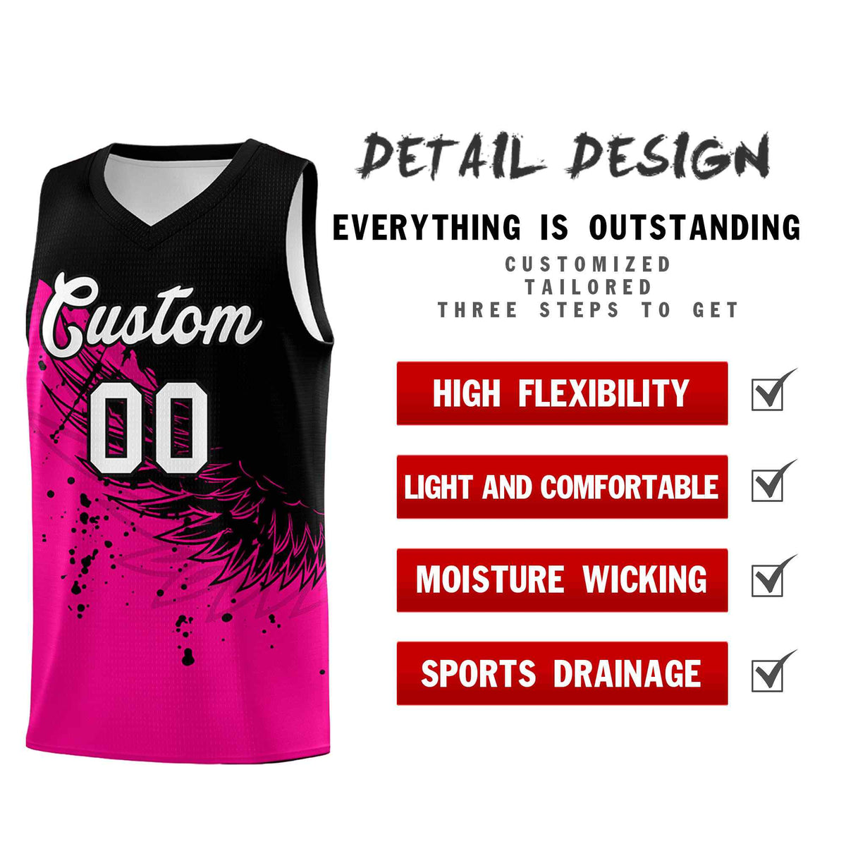 Custom Pink Black Wing Pattern Sports Uniform Basketball Jersey