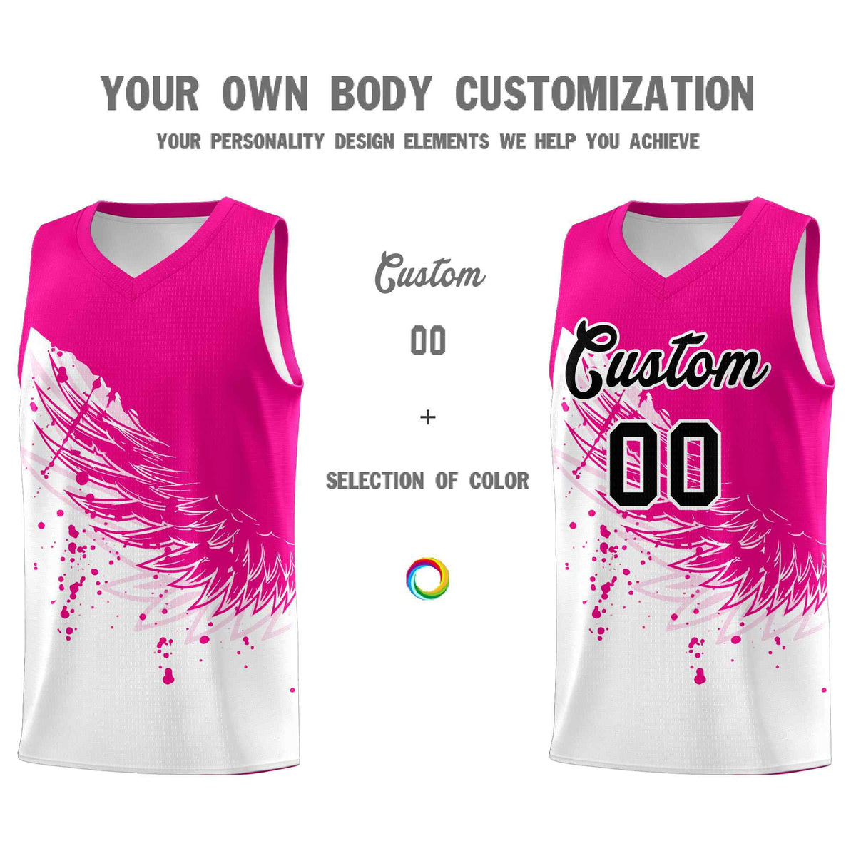 Custom White Pink Wing Pattern Sports Uniform Basketball Jersey