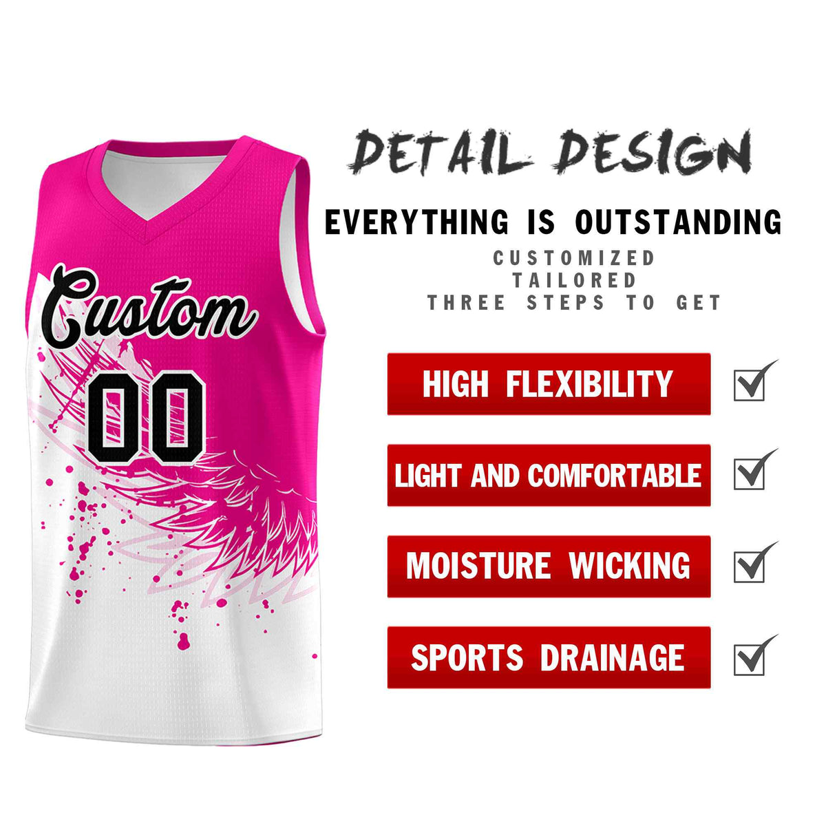 Custom White Pink Wing Pattern Sports Uniform Basketball Jersey