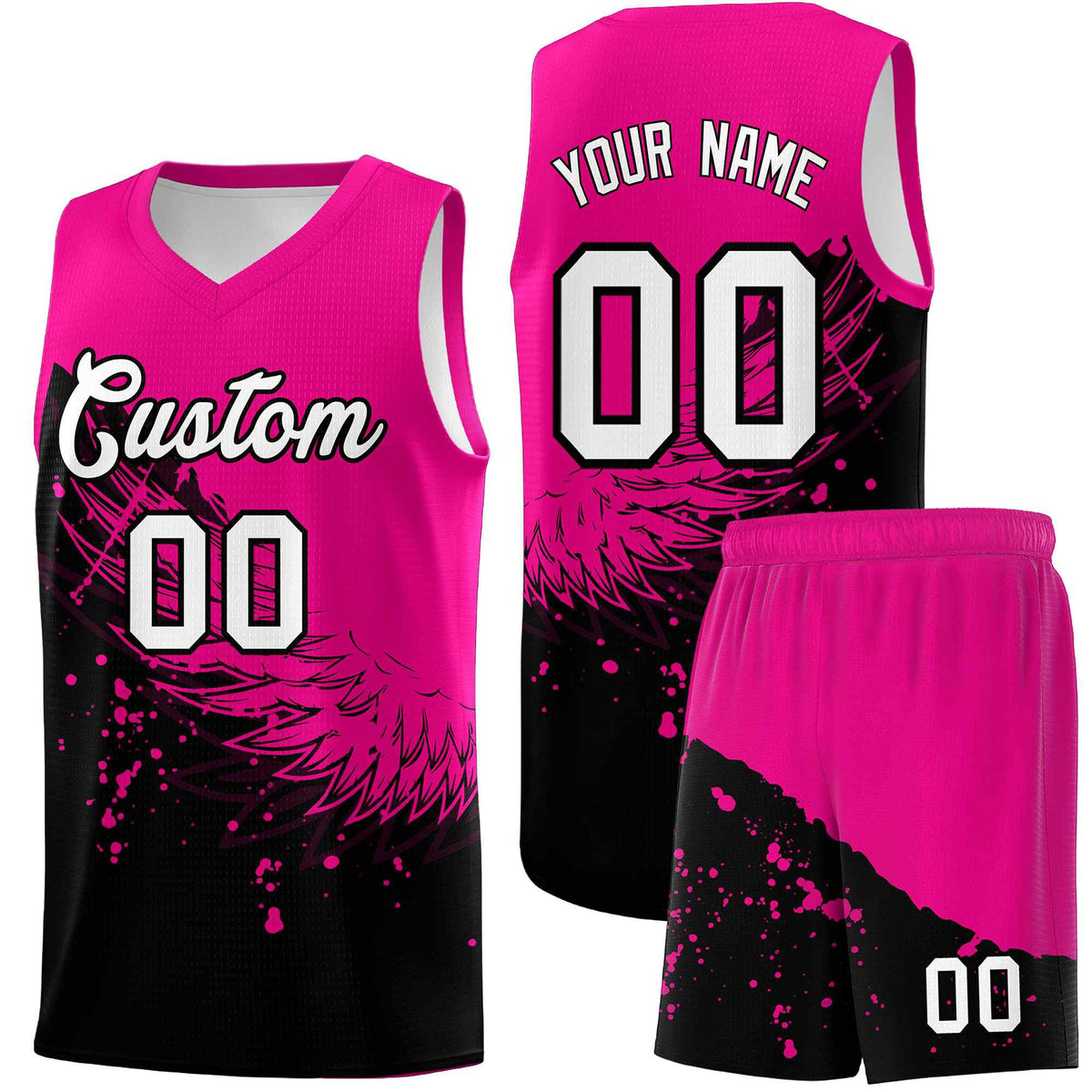 Custom Black Pink Wing Pattern Sports Uniform Basketball Jersey