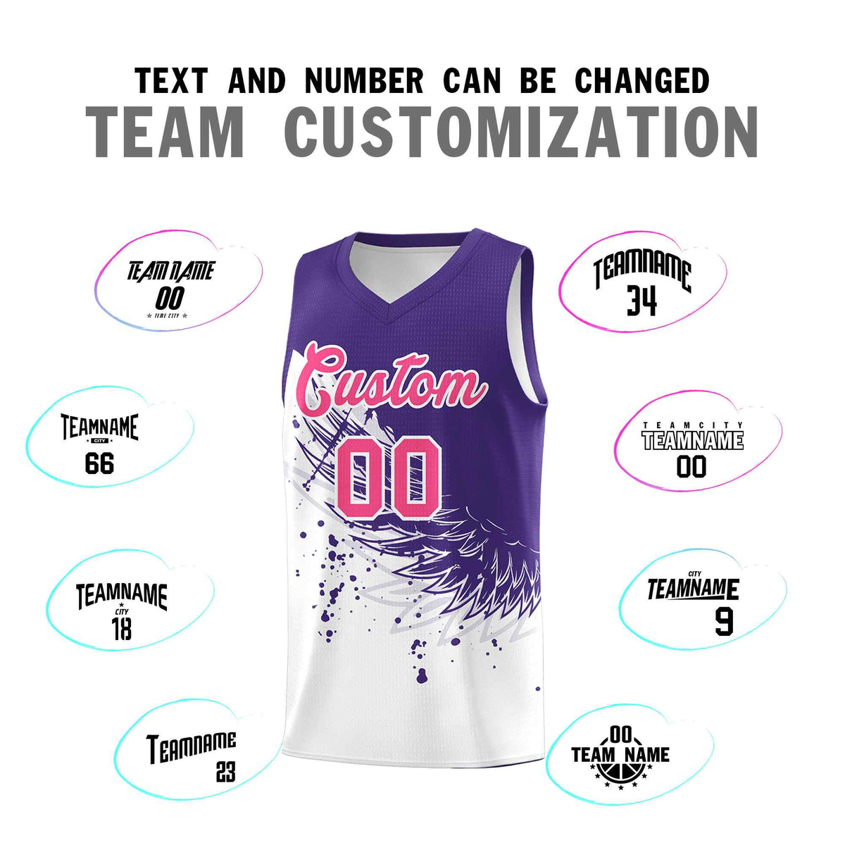 Custom White Purple Wing Pattern Sports Uniform Basketball Jersey
