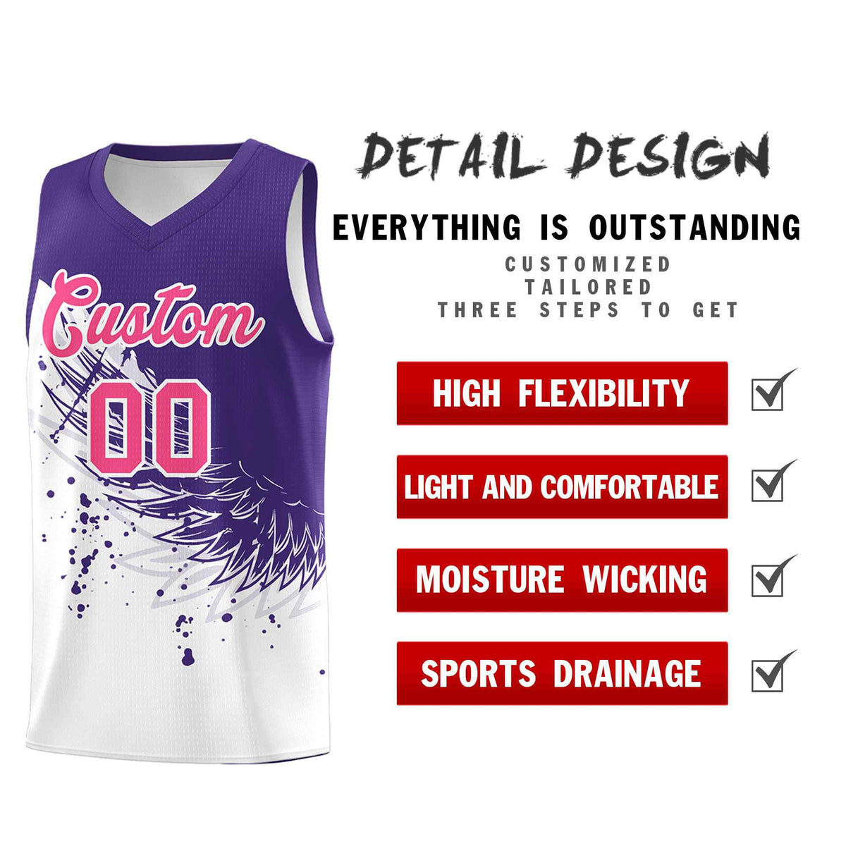 Custom White Purple Wing Pattern Sports Uniform Basketball Jersey