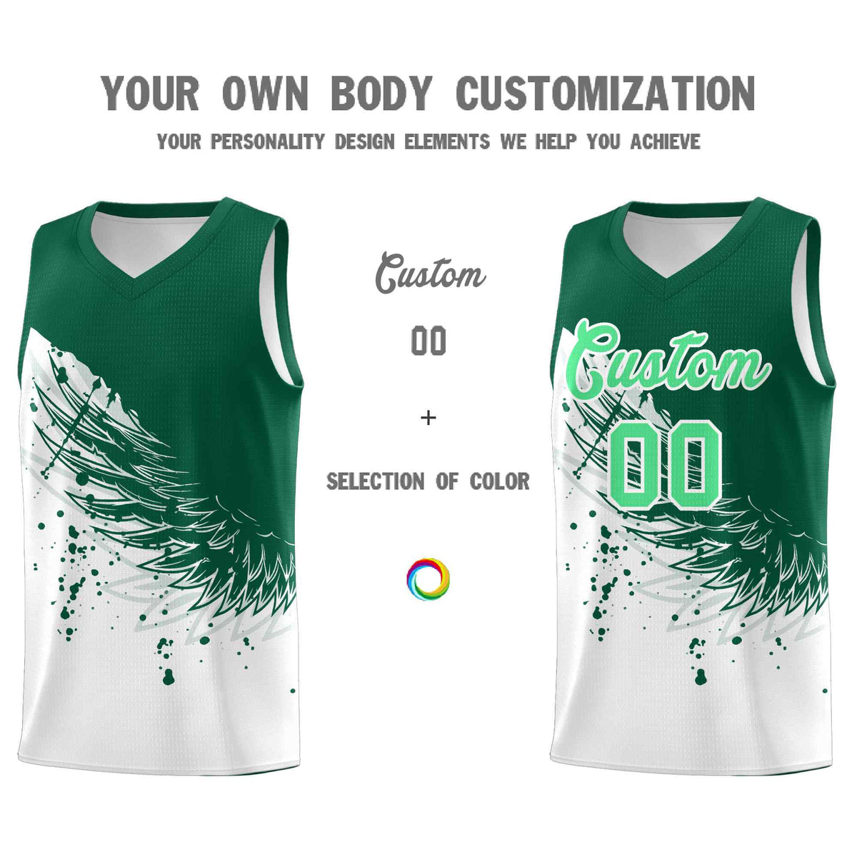 Custom White Kelly Green Wing Pattern Sports Uniform Basketball Jersey