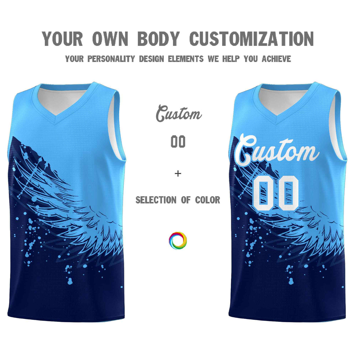 Custom Navy Powder Blue Wing Pattern Sports Uniform Basketball Jersey