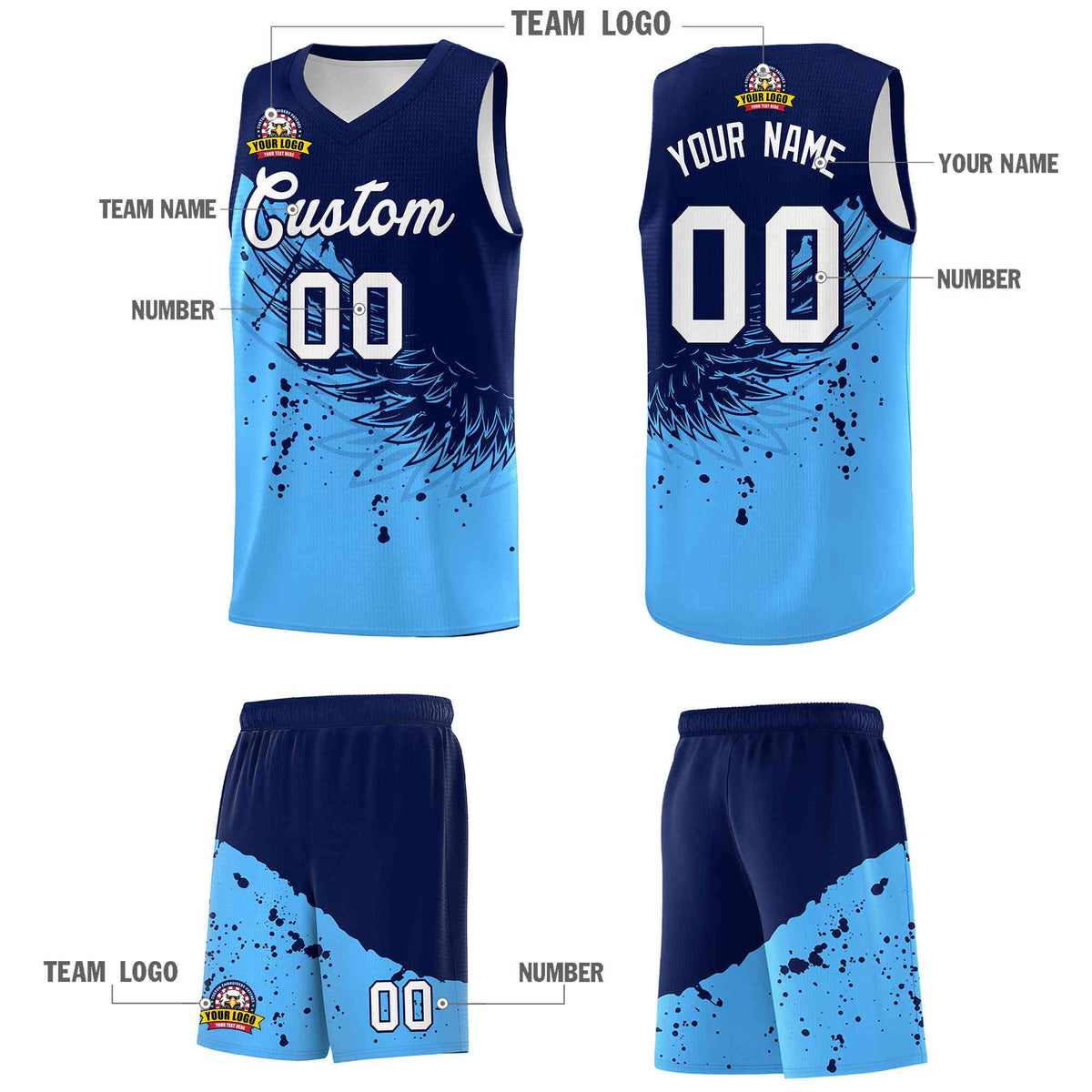 Custom Powder Blue Navy Wing Pattern Sports Uniform Basketball Jersey
