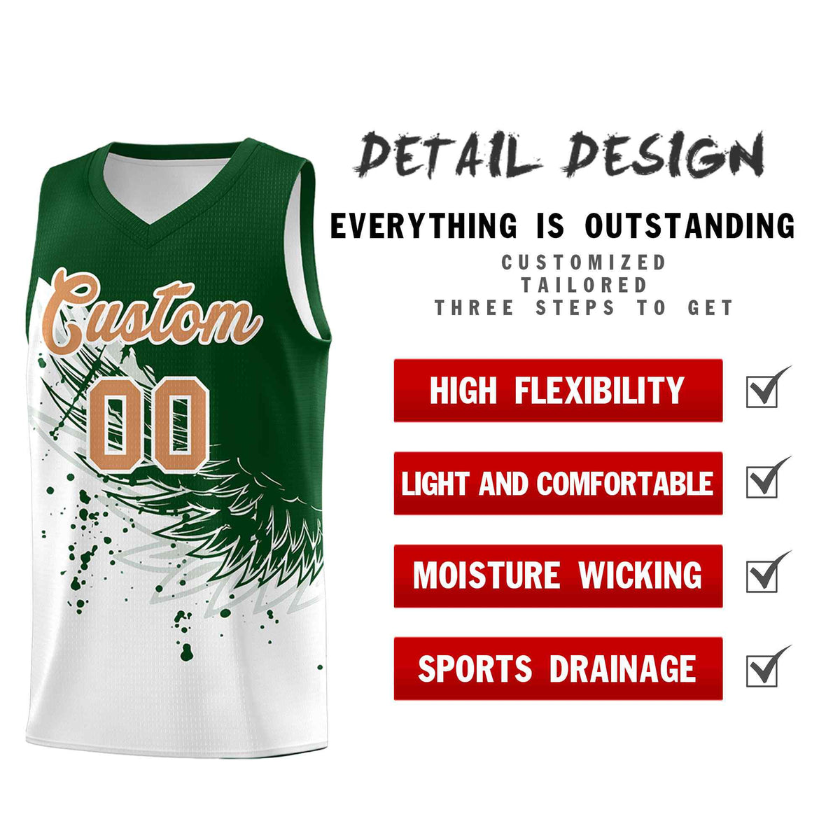 Custom White Green Wing Pattern Sports Uniform Basketball Jersey