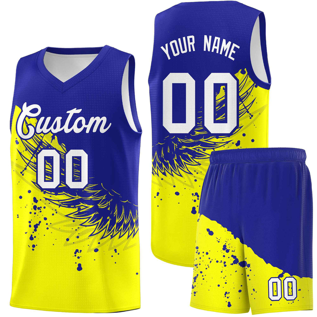 Custom Fluorescent Yellow Royal Wing Pattern Sports Uniform Basketball Jersey
