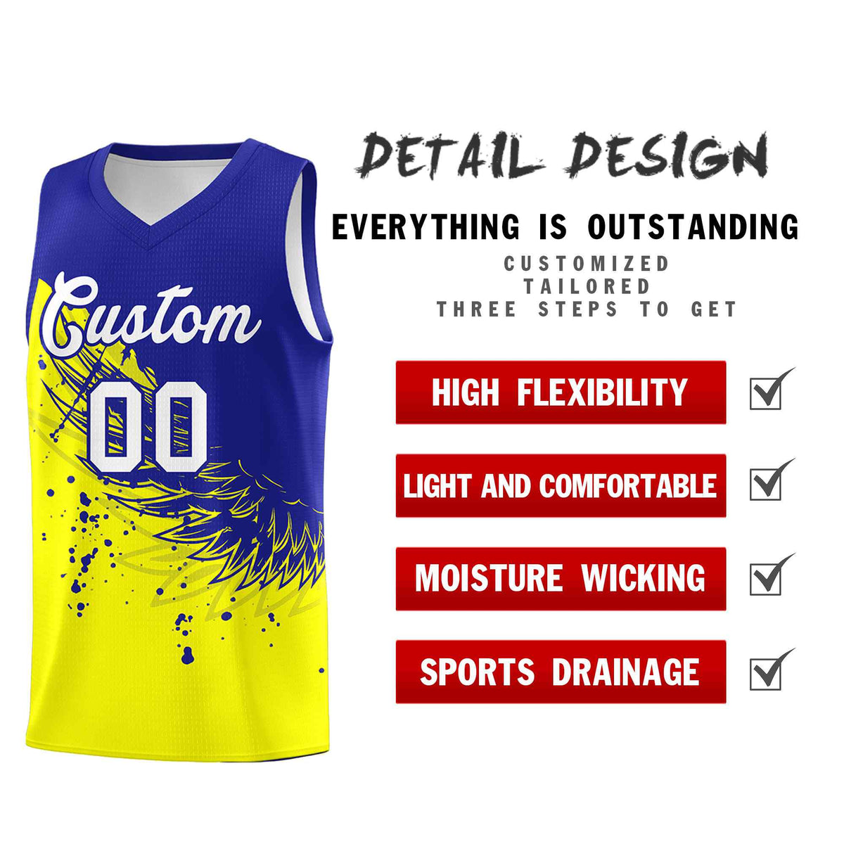 Custom Fluorescent Yellow Royal Wing Pattern Sports Uniform Basketball Jersey