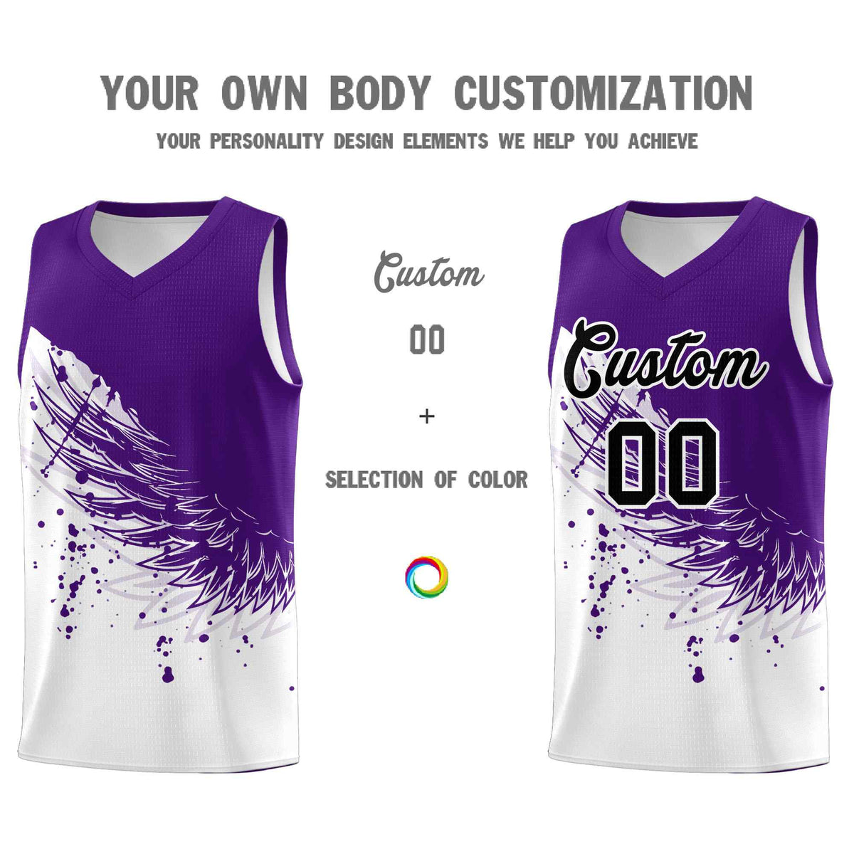 Custom White Purple Wing Pattern Sports Uniform Basketball Jersey