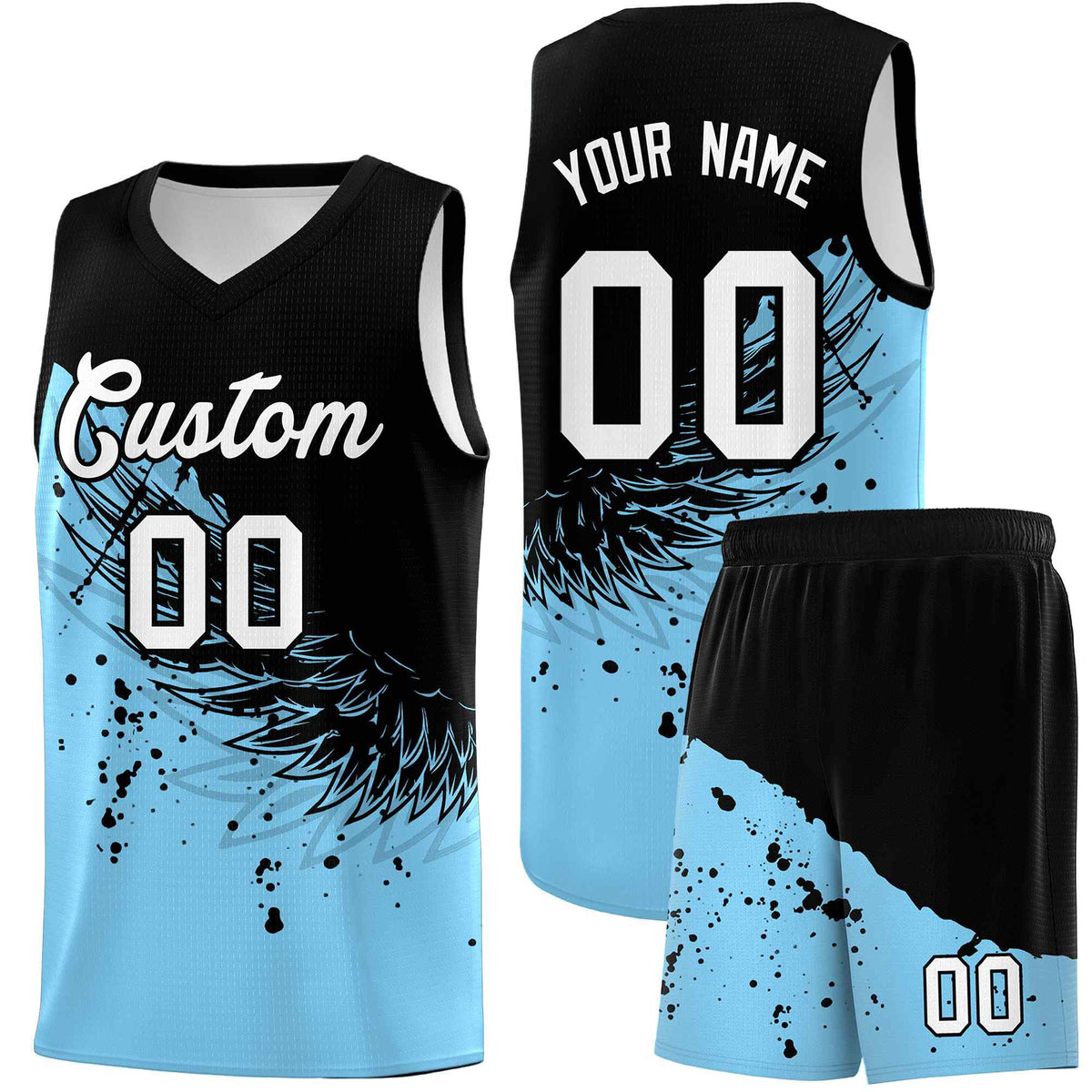 Custom Light Blue Black Wing Pattern Sports Uniform Basketball Jersey