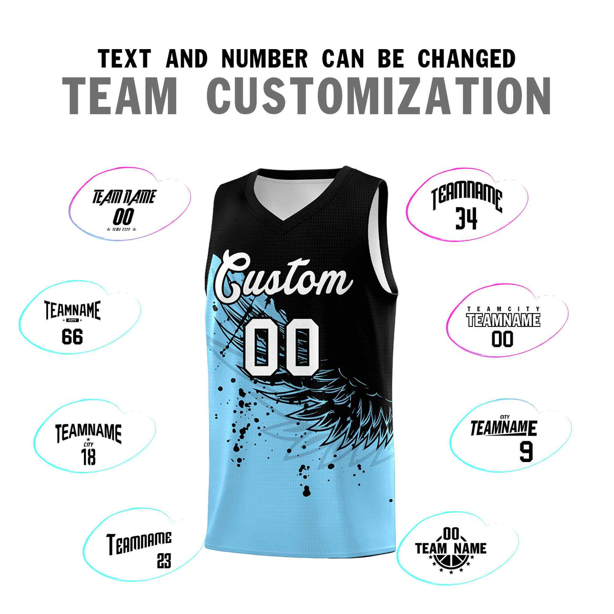 Custom Light Blue Black Wing Pattern Sports Uniform Basketball Jersey
