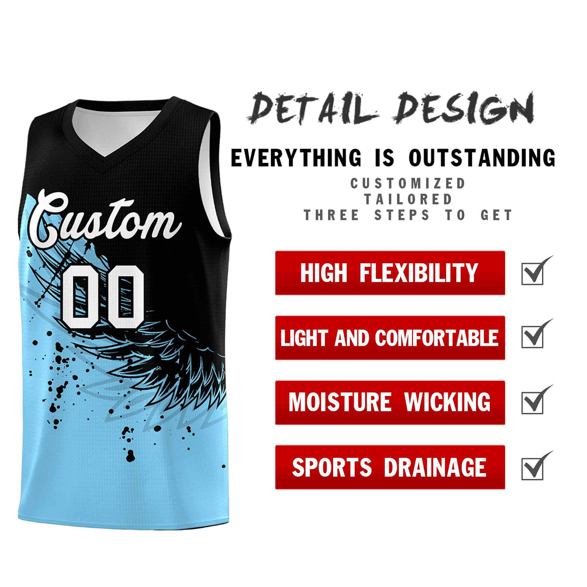 Custom Light Blue Black Wing Pattern Sports Uniform Basketball Jersey