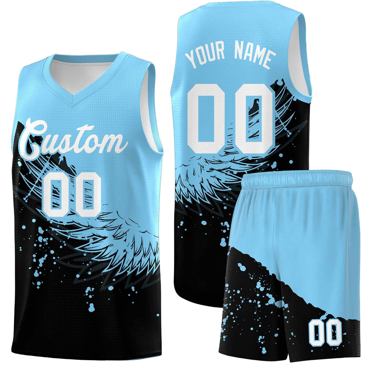 Custom Black Light Blue Wing Pattern Sports Uniform Basketball Jersey