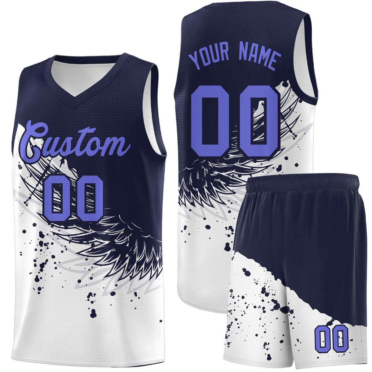Custom White Navy Wing Pattern Sports Uniform Basketball Jersey