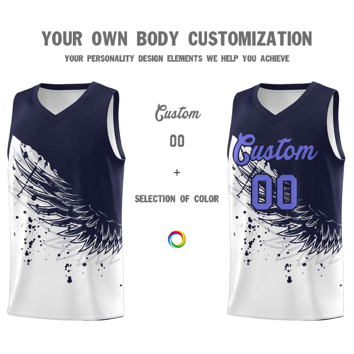 Custom White Navy Wing Pattern Sports Uniform Basketball Jersey