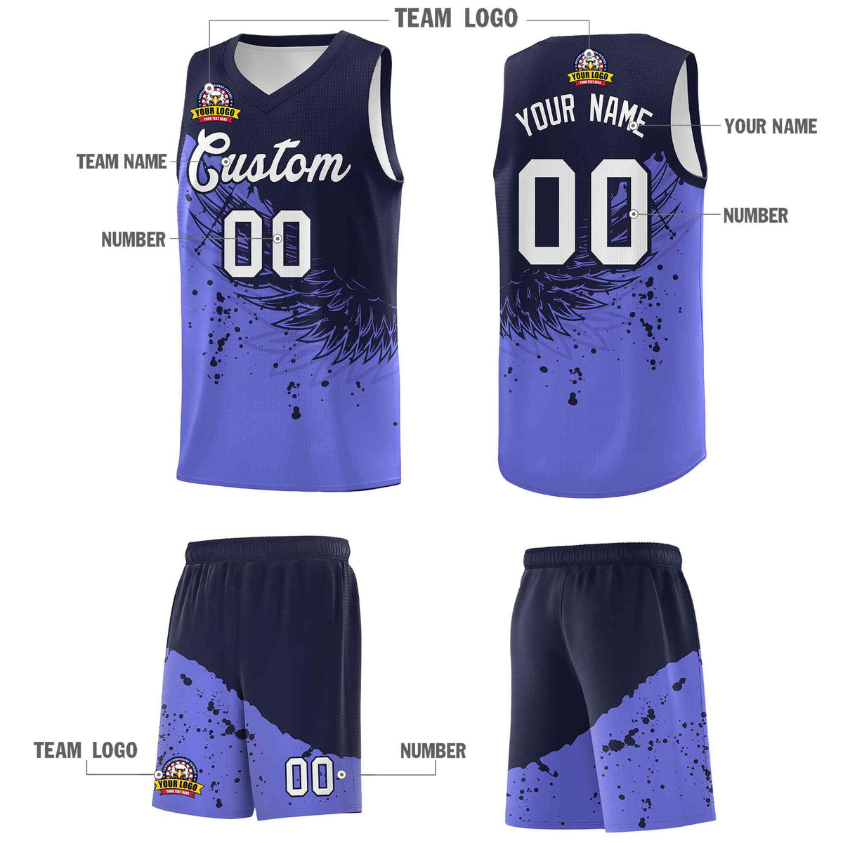 Custom Purple Navy Wing Pattern Sports Uniform Basketball Jersey